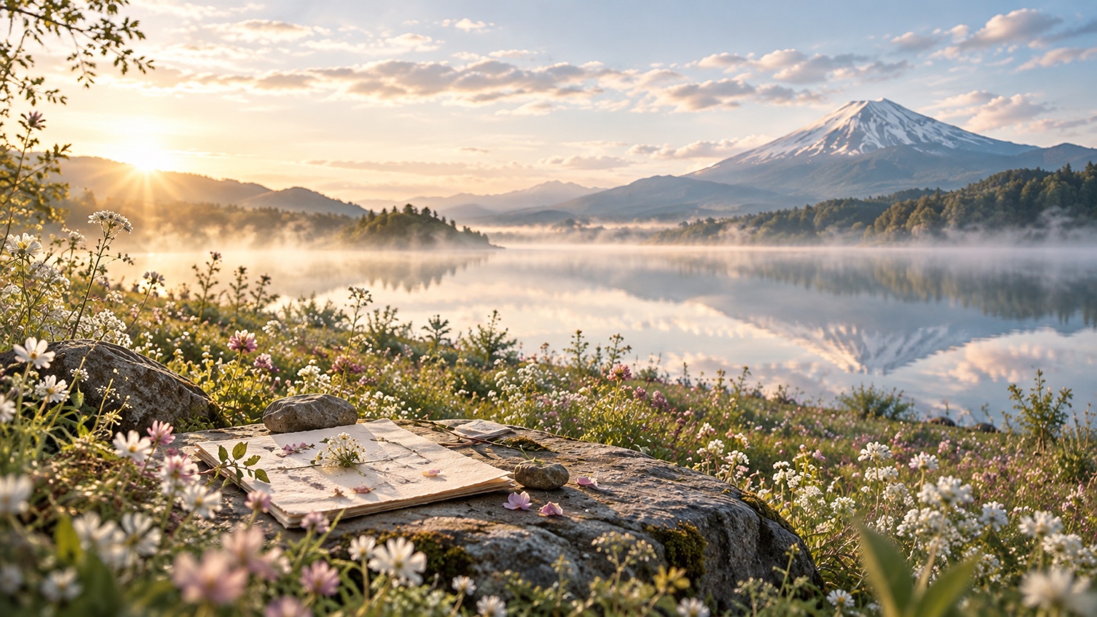 湖と山、花々の自然風景